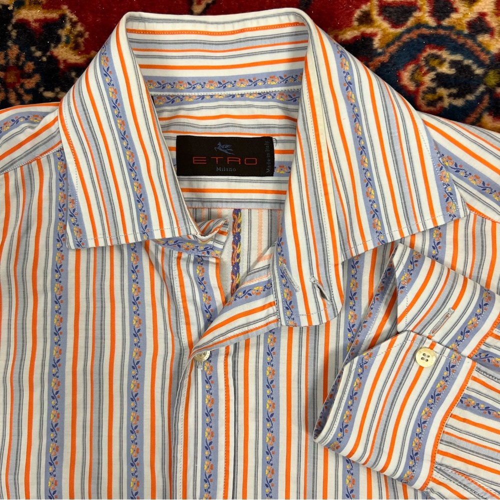 Etro Men's Striped Button-Down Shirt in White, Orange & Blue